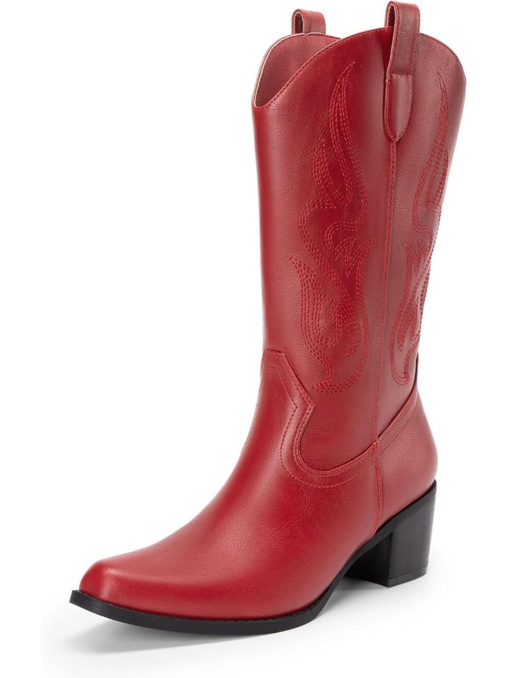 Women's Red Faux Leather Comfort Square Toe Mid Calf Western Cowgirl Boots